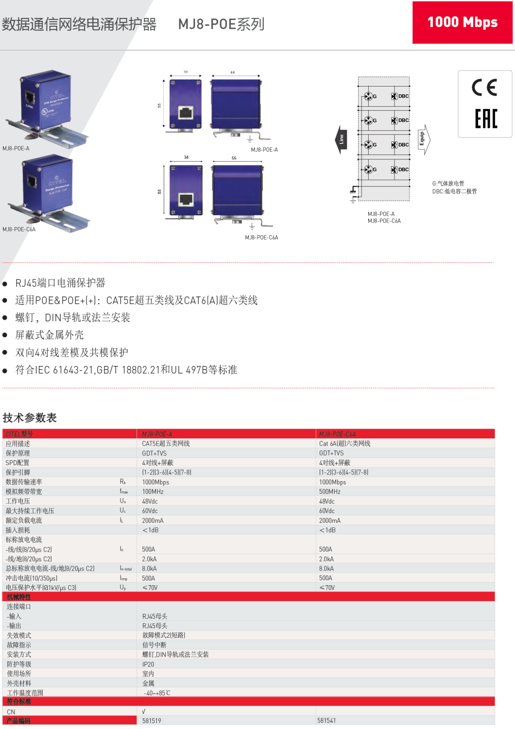 MJ8-POE-C6A CITEL西岱爾網(wǎng)絡(luò)電涌保護(hù)器：守護(hù)POE網(wǎng)絡(luò)設(shè)備的安全之選