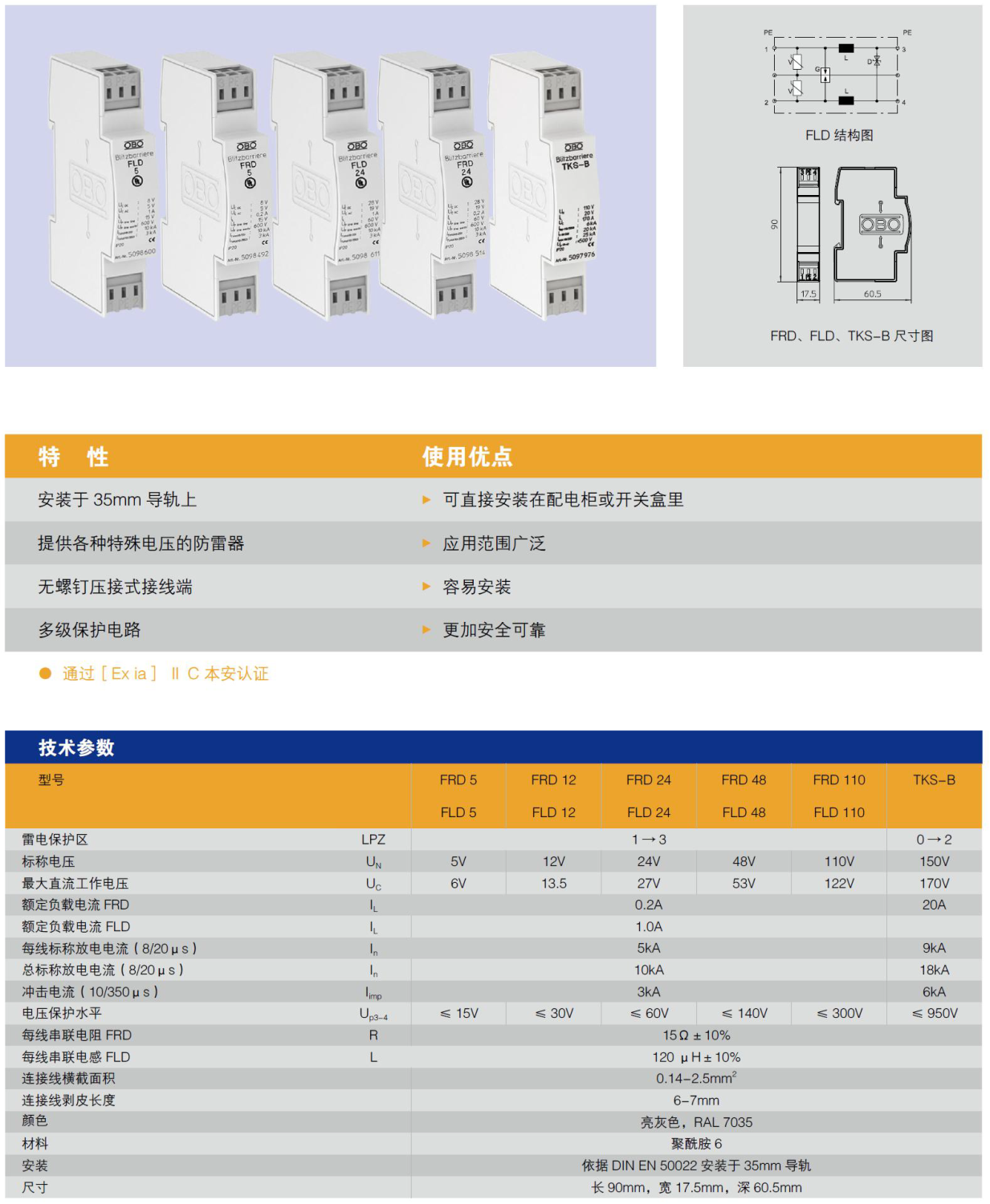 FLD 24 OBO測量與控制類信號(hào)防雷器：工業(yè)自動(dòng)化系